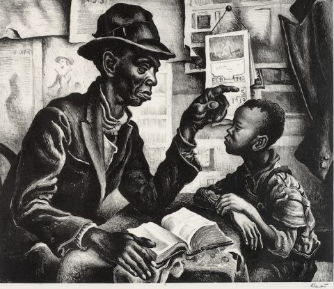 artwork depicting a Black man and young Black boy in a home. A wall calendar for 1940 is in the background.